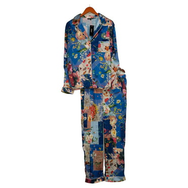 Allison Rhea Blue Floral Satin Coat-style Pajamas for Women